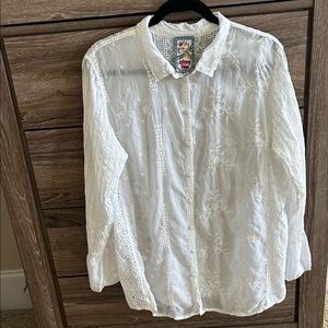 Johnny Was White Embroidered Eyelet Button Tunic Sz Xl